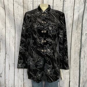 NWT Vintage JBS LTD Velvet & Silver Glitter Flowers Asian Style Tunic Top